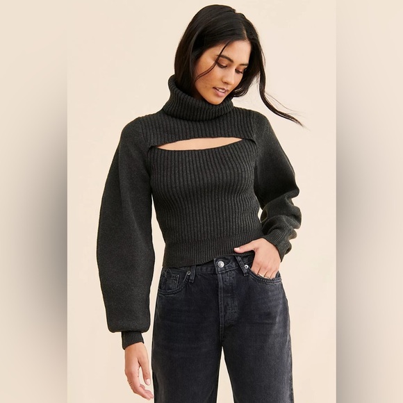 Free People Ariel Cut Out Turtleneck Pullover Sweater Balloon Sleeve Carbon Copy - Picture 1 of 11